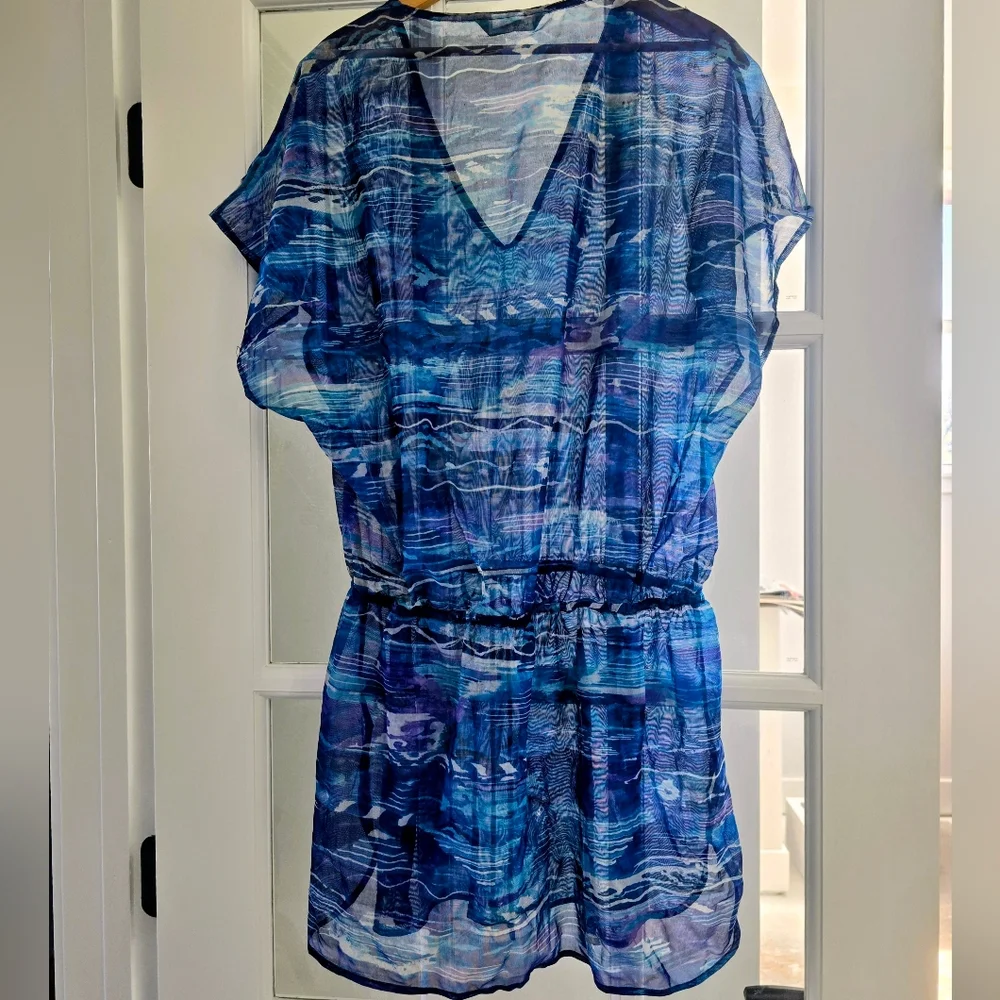 LAUREN RALPH LAUREN Calypso Ikat Blue Print Semi Sheer Swim CoverUp Mini Dress M - Picture 3 of 9